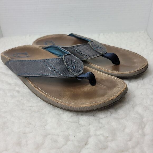 OluKai Nui Sandal Mens Flip Flop Size 12 Tan Gray Leather Sandals - Picture 1 of 11